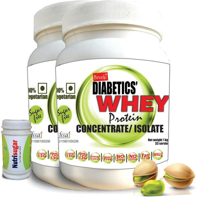 Develo Whey Protein Powder For Diabetic Health & Optimum Weight, Sugar Free Snack For Diabetes Care - 2Kg (Pack Of 2) Elaichi Pista