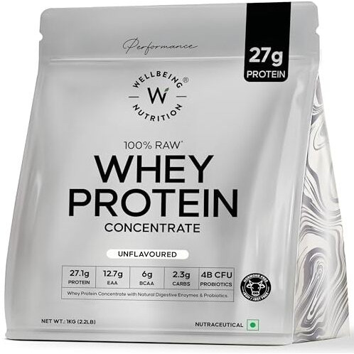Wellbeing Nutrition Whey Protein Concentrate 1Kg Unflavoured | 27G Protein, 6G Bcaa | 4B Cfu Probiotics & Digestive Enzymes | Fast Absorbing, No Bloating, Easy To Digest | Faster Muscle Recovery