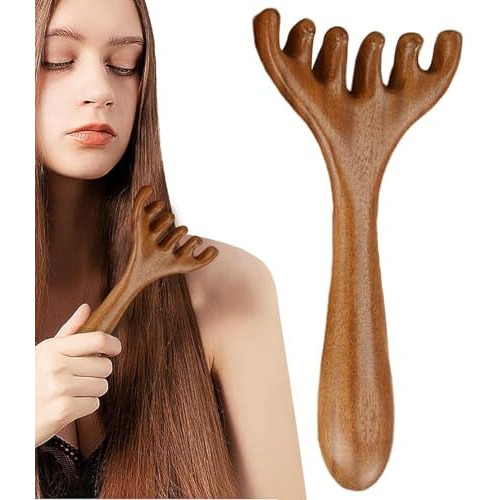 Flavoma Natural Wood 6-Finger Antler Hair And Scalp Massager | Wood Design Multifunctional Meridians Scalp Massage Gua Sha | Scalp Massage No Static Head Massager Tool Physical Therapy