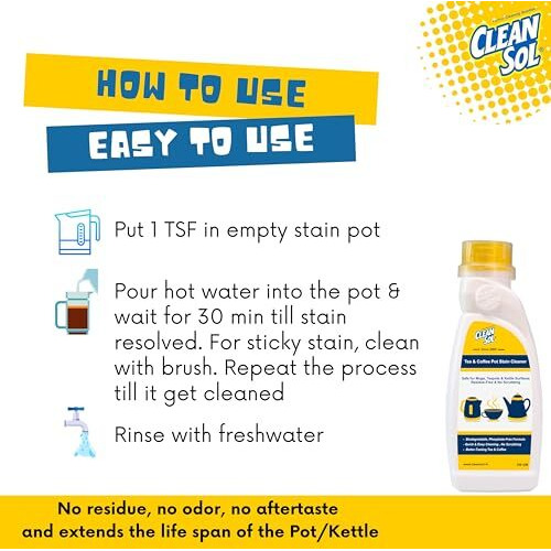 Cleansol Tea & Coffee Pot Stain Cleaner Powder | Safe For Mugs, Teapots & Kettle Surfaces | Residue-Free & No Scrubbing - 500 Gram