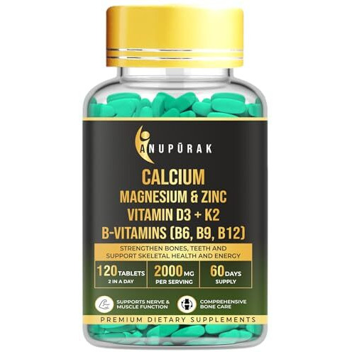 Anupurak Bone Density & Strength Calcium Supplement | D3 & K2 Mk-7, Magnesium Glycinate, Zinc, Boron, B12 & Essential B Vitamins + 10B Probiotics | Joint, Muscle & Bone Support | 120 Veg Tablets