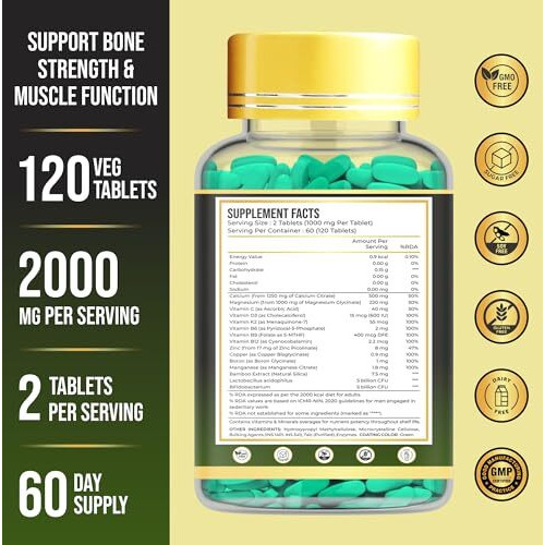 Anupurak Bone Density & Strength Calcium Supplement | D3 & K2 Mk-7, Magnesium Glycinate, Zinc, Boron, B12 & Essential B Vitamins + 10B Probiotics | Joint, Muscle & Bone Support | 120 Veg Tablets