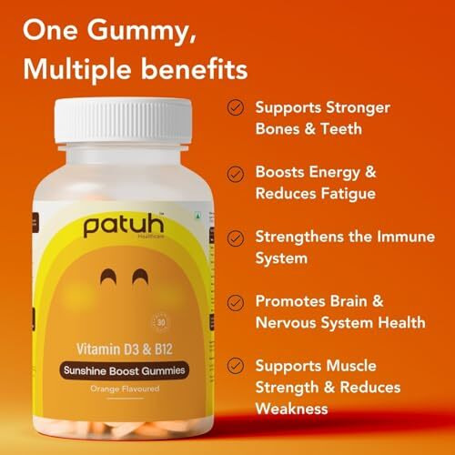 Patuh Healthcare Vitamin D3 & B12 Gummies  Energy, Immunity & Vitality Support  Orange Flavor  Chewable Daily Vitamins For Men & Women  Vegan Supplement  1 Pack