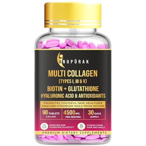 Anupurak Multi Collagen Supplement For Women & Men | Marine Collagen Complex Type I, Iii & V + Glutathione + Biotin + Hyaluronic Acid + Probiotics | Support Skin Glow, Hair, Nail & Joint | 90 Tablets