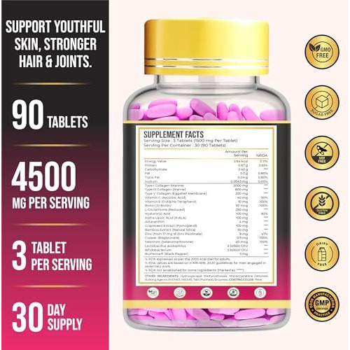 Anupurak Multi Collagen Supplement For Women & Men | Marine Collagen Complex Type I, Iii & V + Glutathione + Biotin + Hyaluronic Acid + Probiotics | Support Skin Glow, Hair, Nail & Joint | 90 Tablets
