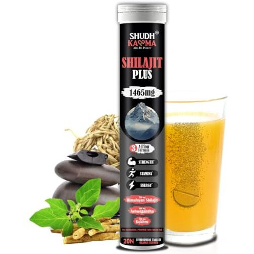 Shudh Kaama Original Himalayan Shilajit (750Mg) Effervescent With Ashwagandha, Gokshura & Safed Musli For Strength & Muscle Gain - (Pack Of 1) 20 Tablets