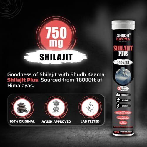 Shudh Kaama Original Himalayan Shilajit (750Mg) Effervescent With Ashwagandha, Gokshura & Safed Musli For Strength & Muscle Gain - (Pack Of 1) 20 Tablets