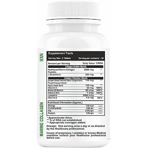 Hxn Collagen Supplements For Women, Marine Protein Peptides With Hyaluronic Acid, Vitamin C, E, B12, Glutathione Powder, Biotin, And Grape Seed Extract To Boost Skin, Face & Hair Health-60 Tablets