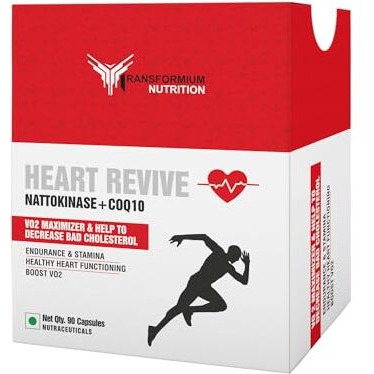 Transformium Nutrition Heart Revive Nattokinase 2000 Fu + Coq10 Supplement For Healthy Heart Functioning, Endurance, Stamina, Boosts Vo2 Men & Women (90 Capsules)