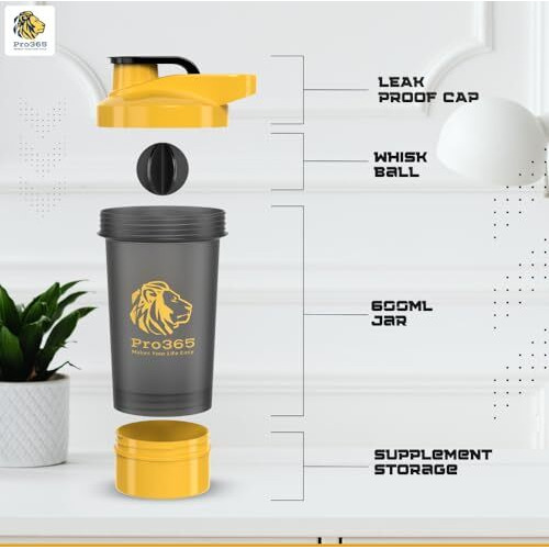Pro365 Protein Shaker Bottle| Extra Compartment| Premium Leakproof Abs Material| Shaker Mixer| 600 Ml| 1 Year Brand Warranty