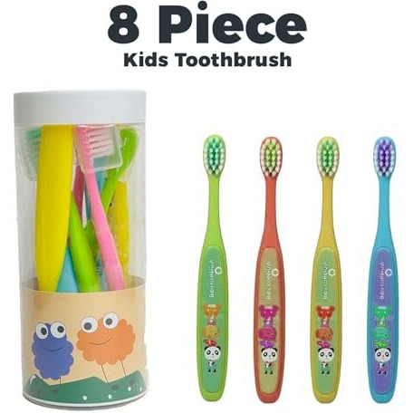 Yugen Home Toothbrush Set Of 8Pcs With Cap | Super Soft Bristle Tooth Brush For Kids | Flexible Neck | Cartoon Printed Multicolor Manual Toothbrushes With Jar | Toothbrush For Kids 3-8 Years