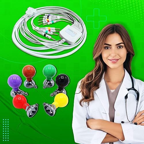 Otica Ecg Cable 10 Lead 4Mm Banana Type Pin Compatible With All Brands Ecg Machine (Non Screw Type, Cable+ Colourful Chest Bulb)
