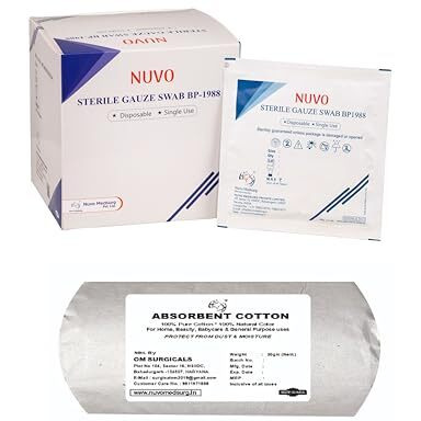 Nuvo Medsurg Sterile Gauze Swab 20 X 5  100 Pcs (10Cms X10Cms X12Ply) Type - 17 And Absorbent Cotton 30 Gms