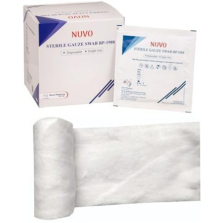 Nuvo Medsurg Sterile Gauze Swab 20 X 5  100 Pcs (10Cms X10Cms X12Ply) Type - 17 And Absorbent Cotton 30 Gms