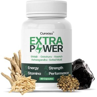 Cureayu Extra Power Capsules | Ayurvedic Stamina Booster With Shilajit, Ashwagandha, Safed Musli, Kaunch & More | Natural Vitality & Endurance Support | 60 Capsules