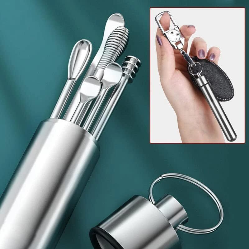 Swenrix 6-In-1 Ear Wax Cleaner - Resuable Ear Cleaning Tools With Aluminum Tube - Ear Pick Wax Remover Tool Kit With Ear Curette Cleaner And Spring Ear Buds Cleaner Fit In Pocket Great For Traveling