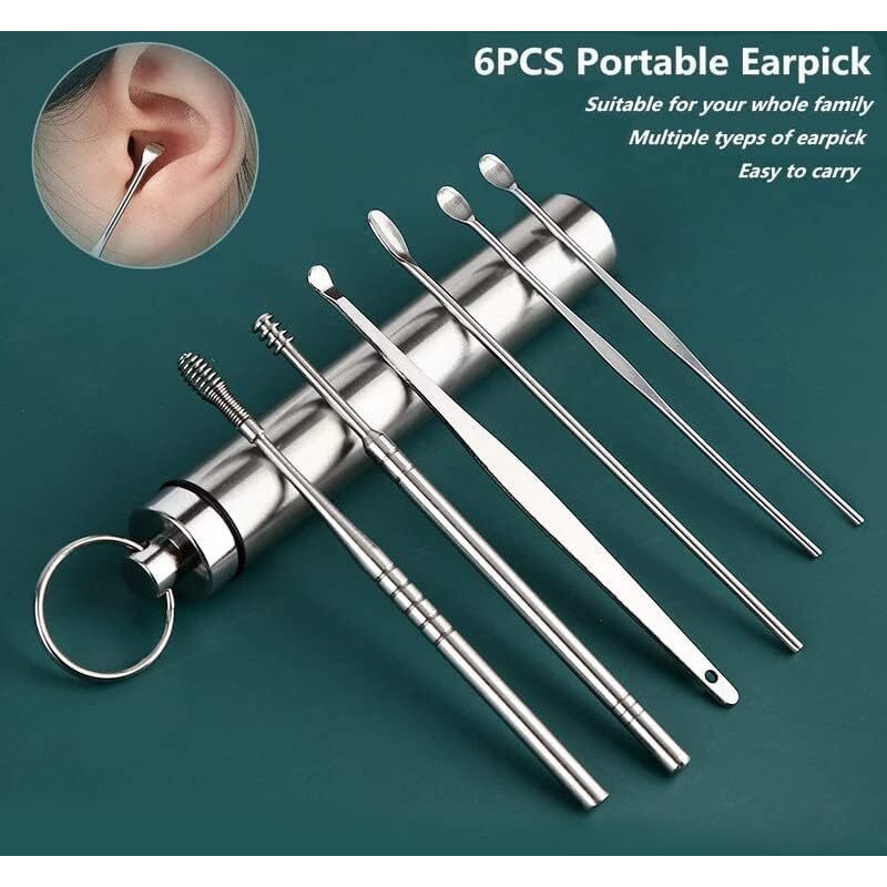 Swenrix 6-In-1 Ear Wax Cleaner - Resuable Ear Cleaning Tools With Aluminum Tube - Ear Pick Wax Remover Tool Kit With Ear Curette Cleaner And Spring Ear Buds Cleaner Fit In Pocket Great For Traveling