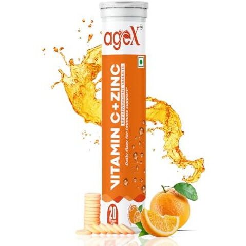 Agex Vitamin C + Zinc Effervescent Tablets  Natural Immunity Booster For Skin, Hair & Nails | Supports Collagen Production & Immune Health | 20 Effervescent Tablets (Pack Of 1)