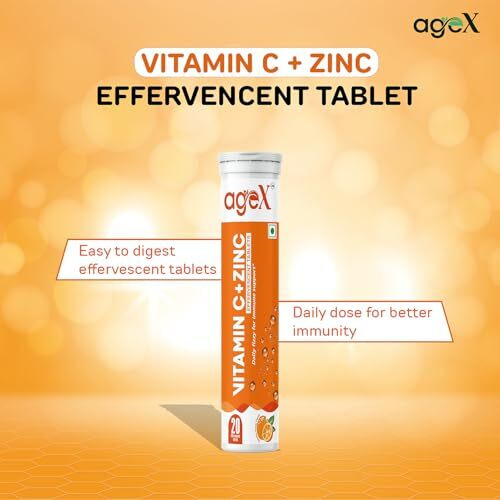 Agex Vitamin C + Zinc Effervescent Tablets  Natural Immunity Booster For Skin, Hair & Nails | Supports Collagen Production & Immune Health | 20 Effervescent Tablets (Pack Of 1)