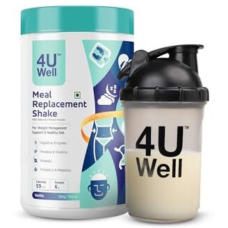 4Uwell Meal Replacement Shake With Shaker For Weight Management & Control For Men & Women | Vanilla Flavour With 4 Probiotics | 18 Essential Vitamins & Minerals (30 Servings, 500G)