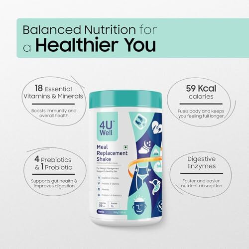 4Uwell Meal Replacement Shake With Shaker For Weight Management & Control For Men & Women | Vanilla Flavour With 4 Probiotics | 18 Essential Vitamins & Minerals (30 Servings, 500G)