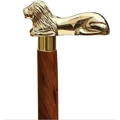 Itos365 Handmade Wooden Folding Walking Stick 36 Inches - Handcrafted Walking Cane With Brass Handle Lion- Gifts Ideas