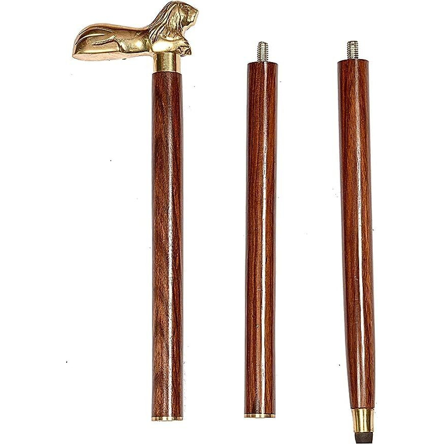 Itos365 Handmade Wooden Folding Walking Stick 36 Inches - Handcrafted Walking Cane With Brass Handle Lion- Gifts Ideas