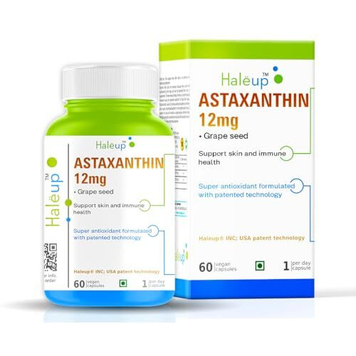 Haleup Plant Based Astaxanthin 12 Mg With Grape Seed Supplement I 60 Veg Capsules I Supports Eye, Joint & Skin Health I Boosts Immune System
