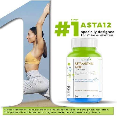 Haleup Plant Based Astaxanthin 12 Mg With Grape Seed Supplement I 60 Veg Capsules I Supports Eye, Joint & Skin Health I Boosts Immune System