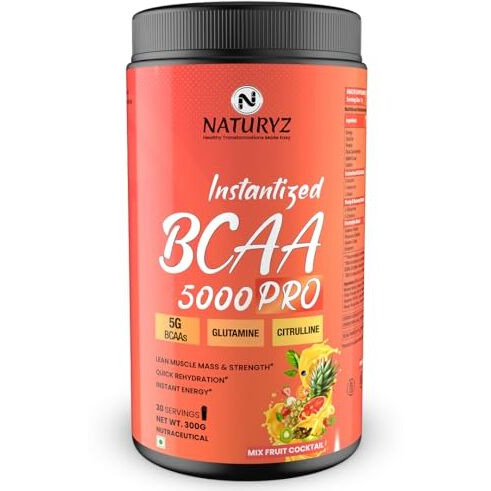 Naturyz Instantized Bcaa 5000 Pro |5G Vegan Bcaas | Glutamine | Citrulline | Electrolytes | 0 Added Sugar | Powerful Intra Workout Amino For Lean Muscle Growth, Strength, Quick Re-Hydration & Instant Energy - 300G(Mix Fruit Cocktail)