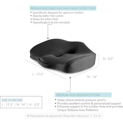 Lifeberg Orthopedic Memory Foam Plus Seat Cushion For Sciatica,Tailbone Pain Relief Sitting Home Car, Office Chair & Wheelchair, Driving (Upto 80Kg Wt, Steel Grey)