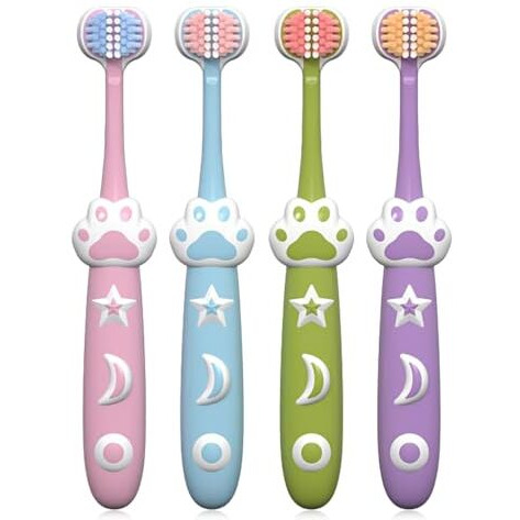 Hannea 4Pcs Kids Toothbrush Triple-Sided Toothbrushes For Age 3+ Ultra Soft Bristle Tooth Brush Designed For Deciduous Teeth Cute Lovely Cartoon Cat Palm Handle Child Toddlers Toothbrush