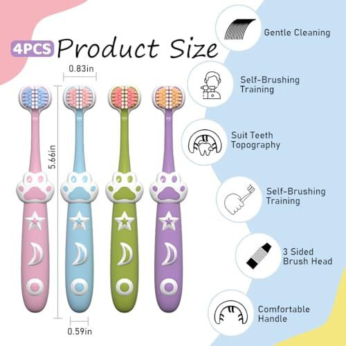 Hannea 4Pcs Kids Toothbrush Triple-Sided Toothbrushes For Age 3+ Ultra Soft Bristle Tooth Brush Designed For Deciduous Teeth Cute Lovely Cartoon Cat Palm Handle Child Toddlers Toothbrush