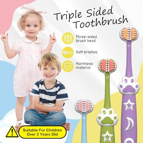 Hannea 4Pcs Kids Toothbrush Triple-Sided Toothbrushes For Age 3+ Ultra Soft Bristle Tooth Brush Designed For Deciduous Teeth Cute Lovely Cartoon Cat Palm Handle Child Toddlers Toothbrush