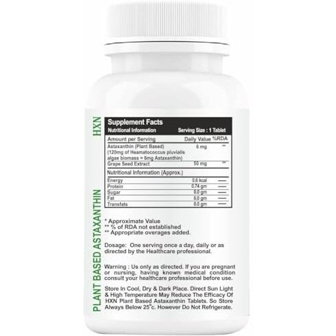 Hxn Astaxanthin Supplement 6Mg From Veg Source & Grape Seed Extract Powder As Antioxidant, Immunity, Eye & Skin Health Nutrition- 60 Tablets (No Capsule Pack1)