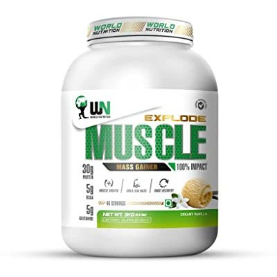 Wn World Nutrition Explode Muscle Mass Gainer | High-Calorie Muscle Growth Formula With Protein, Bcaa, L-Glutamine, Vitamins & Minerals For Lean Mass Building And Recovery | Creamy Vanilla 3Kg