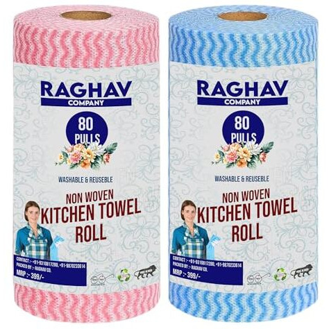Non-Woven Reusable & Washable Kitchen Towel Wipes (80 Wipes Per Roll, Total 160 Sheets) - Total 160 Premium Kitchen Towel Roll 2-Ply, Paper Towels For Kitchen Cleaning Eco-Friendly Disposable Towel