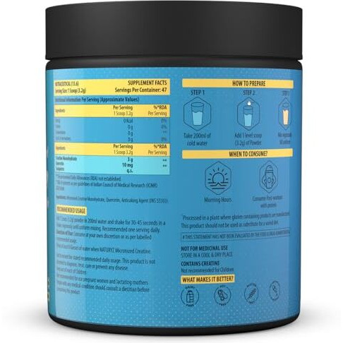 Naturyz Pure Micronized Creatine Monohydrate | Rapid Absorption | Quercetin | Muscle Strength & Power For Intense Workout | Supports Athletic Performance | Enhances Lean Muscle Volume - 150G(Unflavoured)