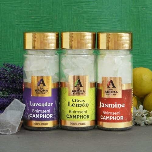 The Aroma Factory Pure Bhimseni Camphor, Lavender, Jasmine & Citrus Lemon, Zero Residue Kapoor With Fragrance For Pooja, Aarti Kapur | Bottle Pack Of 3 X 80Gm