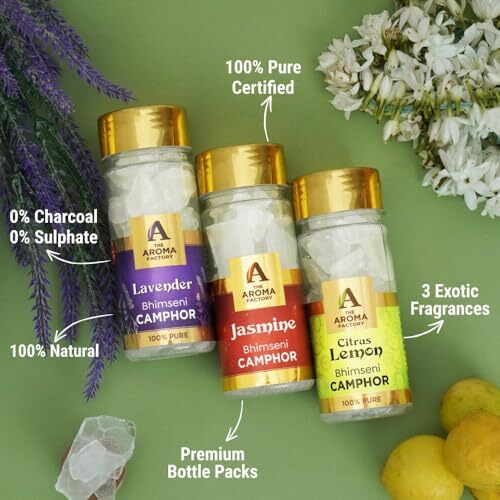 The Aroma Factory Pure Bhimseni Camphor, Lavender, Jasmine & Citrus Lemon, Zero Residue Kapoor With Fragrance For Pooja, Aarti Kapur | Bottle Pack Of 3 X 80Gm