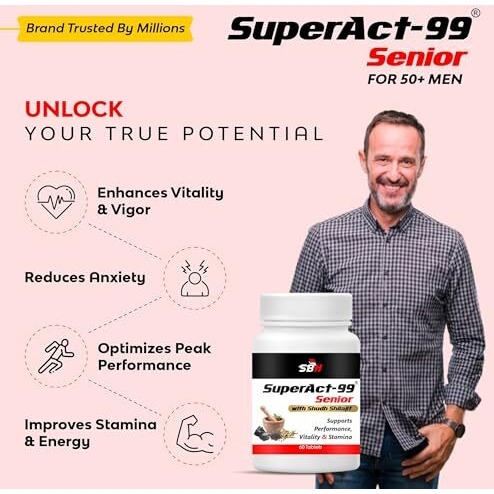 Super Act 99 Senior - Natural & Safe Formula For Men 50+ | Strength, Power & Stamina | Enhances Performance | Enriched With Shilajit, Ashwagandha, Makardhawaj, Javitri & Saffron | Relieves Stress & Anxiety | 60 Tablets