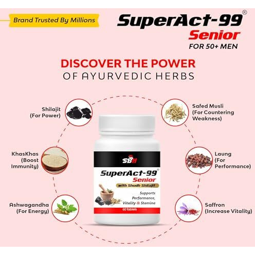 Super Act 99 Senior - Natural & Safe Formula For Men 50+ | Strength, Power & Stamina | Enhances Performance | Enriched With Shilajit, Ashwagandha, Makardhawaj, Javitri & Saffron | Relieves Stress & Anxiety | 60 Tablets