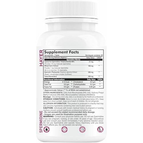 Hayer Liposomal Spermidine Supplement, Ultra High Concentrated Formula - 98%+ Highly Purified And Bioavailable With Resveratrol, Quercetin To Support Cellular Energy, Longevity- 30 Tablets (30)