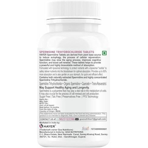 Hayer Liposomal Spermidine Supplement, Ultra High Concentrated Formula - 98%+ Highly Purified And Bioavailable With Resveratrol, Quercetin To Support Cellular Energy, Longevity- 30 Tablets (30)