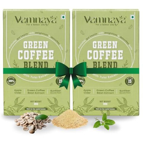 Vamnaya Green Coffee With Sunfiber Prebiotic, Apple Cider Vinegar &Tulsi | Weight Management, Gut Health & Bloating Relief | Pack Of 2 (30 Servings)