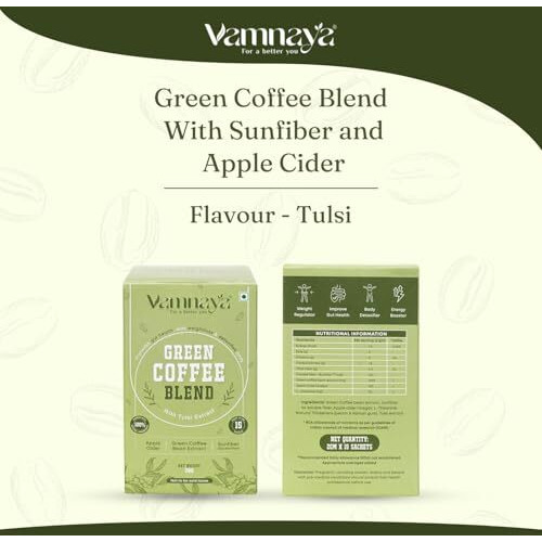 Vamnaya Green Coffee With Sunfiber Prebiotic, Apple Cider Vinegar &Tulsi | Weight Management, Gut Health & Bloating Relief | Pack Of 2 (30 Servings)