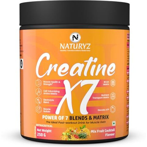 Naturyz Creatine X7 Pure Micronized Creatine Monohydrate Post Workout Drink | Rapid Absorption With Aminos | Bcaa | Atp Transport Matrix | Muscle Growth & Strength | Power Of 7 Blends | Muscle Builder- 250G(Mixfruit Cocktail)