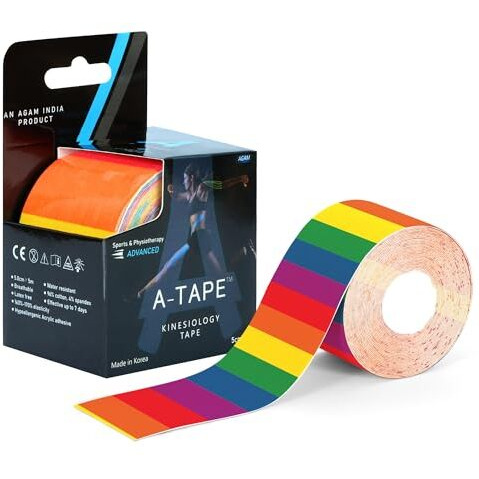 A-Tape Made In Korea Kinesiology Tape For Physiotherapy Kinesio Tape For Sports Injury Pain Relief Athletic Therapeutic Muscle Tape (5 Cm * 5.0 M) (Rainbow)