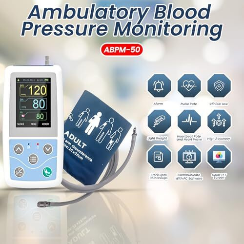 Medilma Cms Battery Operated Ambulatory Blood Pressure Monitor Pm50 With Adult Cuff For Bp Monitoring At Home, Hospital, Clinic 24 Hours Portable 2.4 Inch Lcd Display, 1 Year Warranty