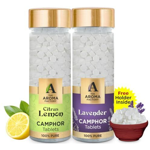 The Aroma Factory Pure Camphor Tablets, Citrus Lemon & Lavender, Zero Residue Kapoor With Fragrance For Pooja, Aarti Kapur | Bottle Pack Of 2 X 80Gm